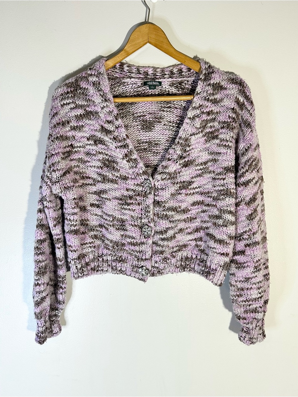Space Dyed Marled Purple V Neck Cardigan with Floral Rhinestone Buttons, Large